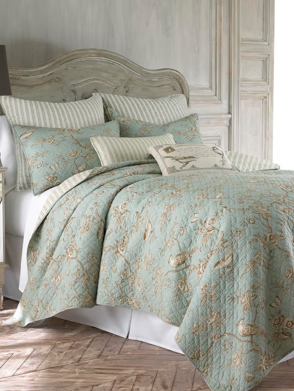 🆕 PB Style Reversible Coverlet Quilt Set Brown Stripes Sage Floral Bird Toile